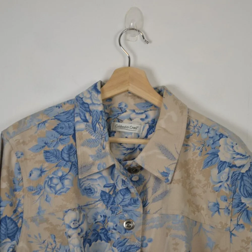 Coldwater Creek Floral Button Down Jacket Womens Blue Tan Denim Blazer Jacket - Picture 3 of 7